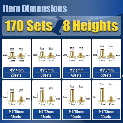 170 Sets Gold Chicago Screws Leather Rivets Kit, 8 Sizes (M5*4,5,6,8,10,12,15,18) & 3 Screw Lengths (M4*3,4,5) for Belts, Bookbinding, DIY Leather (Gold)