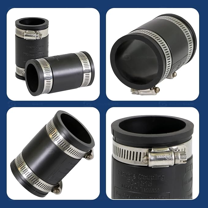 Supply Giant 6I46 Flexible PVC Coupling With Stainless Steel Clamps, 1.9" Inner diameter for 1-1/2" Nominal Pipe, Black