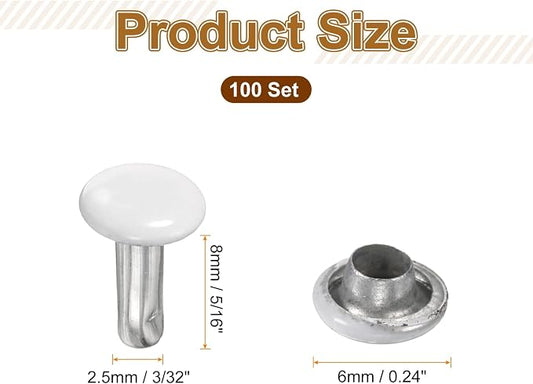 HARFINGTON 100 Sets Double Cap Leather Rivets, 6x8mm Round Cap Tubular Metal Studs Leather Crafting Rivets for Fabric Belt Pet Collar Boot Bag Repair and Decoration, White