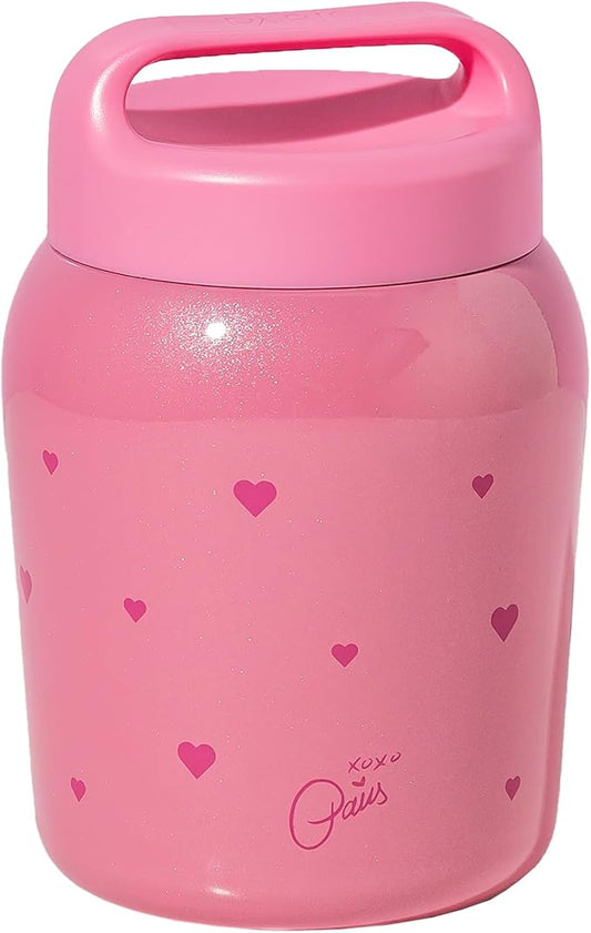 Paris Hilton Stainless Steel Food Jar, Double Wall Vacuum Sealed Insulated Food Storage Container with Carry Handle Lid, 24-Ounce, Pink with Heart Design