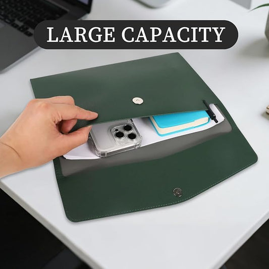 MultiBey A4 Document Holder, PU Leather File Folder, File Organizer Filing Envelope Portfolio Case with Magnetic Snap Button for Home School Office Stationery Green
