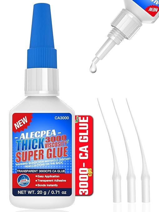 20g Thick CA Glue (3000 CPS), Instant Clear Cyanoacrylate Glue for Wood, Glass, Metal, Paper, Leather, Plastic, Ceramic, Rubber, Jewelry, Woodworking, Hobby Models, and Craft Project