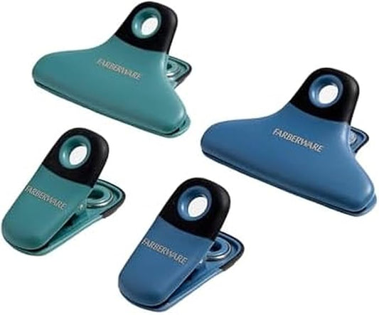 Farberware Pro 4-Piece Bag Clip Set (Blue & Green) - Durable Magnetic Clips for Kitchen Essentials, Pantry Accessories, Food Storage, Office Notes, Coupons, Home Organization