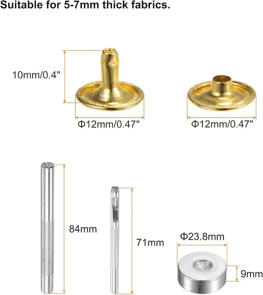 HARFINGTON 100 Sets Leather Rivets 10 x 12mm Metal Double Cap Rivet Snaps Studs Fasteners with 3pcs Setting Tools Rivets for Leather Craft DIY Repair Decoration, Gold Tone