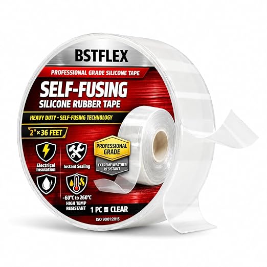 Self-Fusing Silicone Tape 2" x 36FT x 20mil Clear– Waterproof & Heat-Resistant Rubber Emergency Repair Tape, Self Amalgamating for Plumbing, Hose, Electrical, Automotive & Outdoor – No Residue