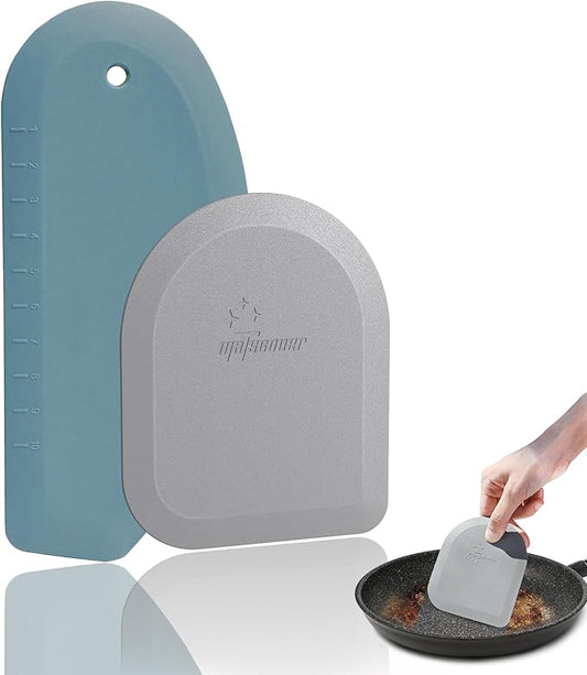 Bowl Scraper Dough Scraper Tool - Set of 2 Silicone Bench Scraper for Baking, Kitchen Pastry Scraper for Bread, Cake, Batter, cheese, Cream, Honey, Jam, Food Scraper with Curved Edge, Blue & Grey