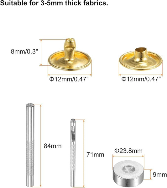 HARFINGTON 100 Sets Leather Rivets 8 x 12mm Metal Double Cap Rivet Snaps Studs Fasteners with 3pcs Setting Tools Rivets for Leather Craft DIY Repair Decoration, Gold Tone