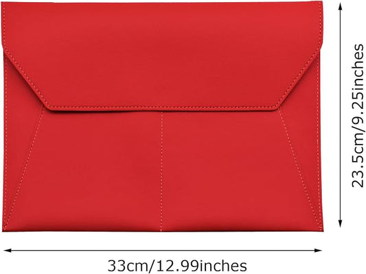 PU Leather A4 File Folder Document Holder with 3 Pockets Waterproof Stylish Envelope Folder Case with Snap Closure (Red)