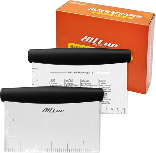 ALLTOP Bench Scraper & Chopper - Baking Essentials,Stainless Steel Blade Knife,Ideal Kitchen Tool for Home Baking and Meal Prep, Bread Making, Pasta,Pastry,Dough and Cake - Set of 2 Pack