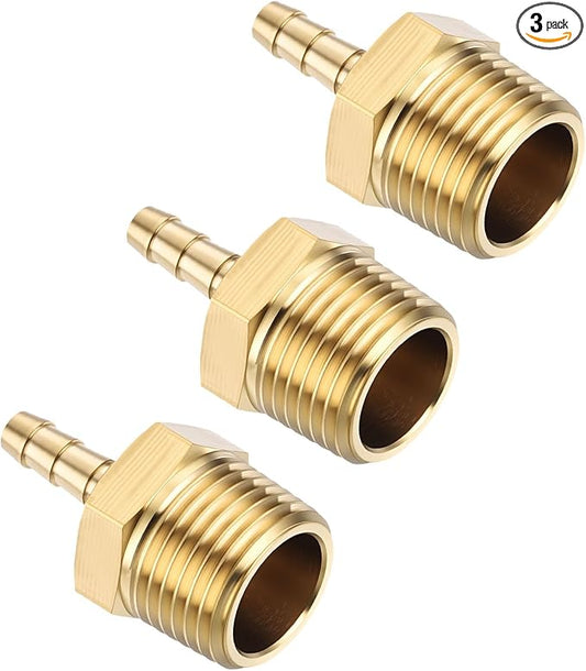 Pack of 3 Brass Hose Barb Fittings Adapter Connector 3/16" Hose Barb to 3/8" NPT Male Fittings for Home Machines, Massage Bathtubs, and Irrigation Systems