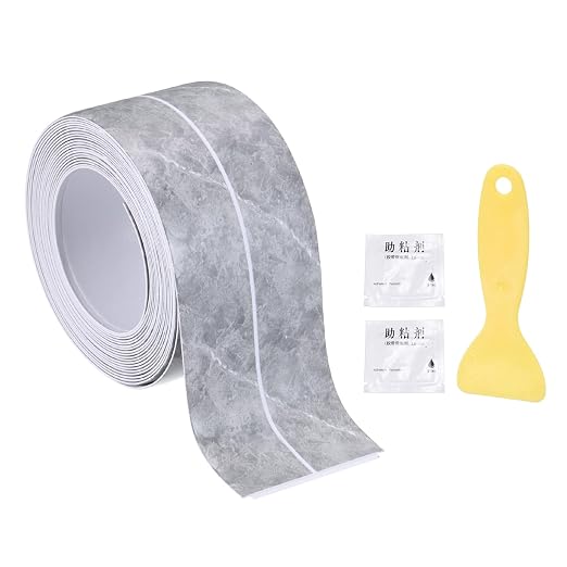 uxcell Caulk Tape Waterproof, 1.42 Inch x 10.5 ft Self-Adhesive Sealant Sealing Strip Caulking Sealant Tape PVC with Tool for Kitchen Sink Toilet Bathroom Bathtub Floor, Gray Marble