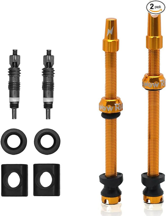 RideNow Tubeless Presta Valve Stems, 85mm Super Light 7075 Aluminum Alloy Presta Tubeless Valve Stem Kit with Valve Core Remover Tool and Valve Stem Caps, Multiple Color and Size Options(Pair), Gold