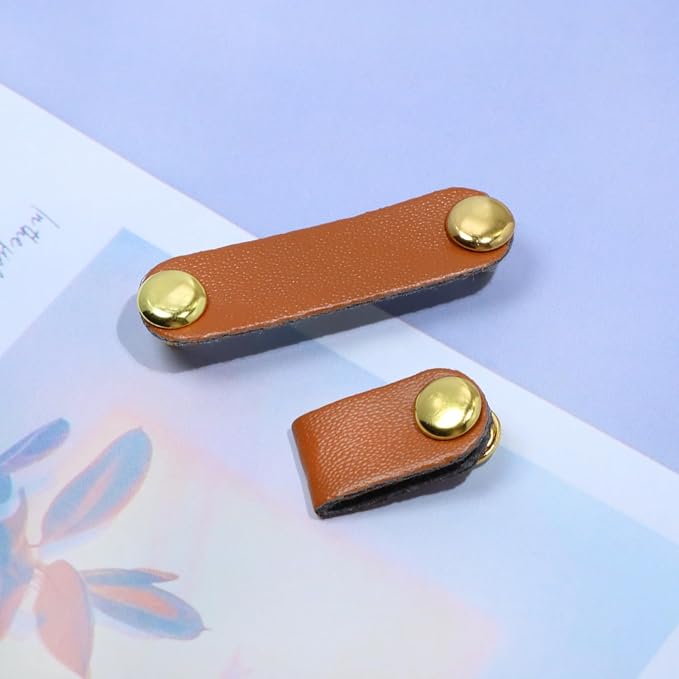 ONLYKXY Brown Small PU Leather Handmade Tag with Rivet Button for Knits,Universal Blank Label Cute Repair Patch Soft Crochet Tape with Holes for DIY Clothing,Sewing Stamping,Keychain (20)