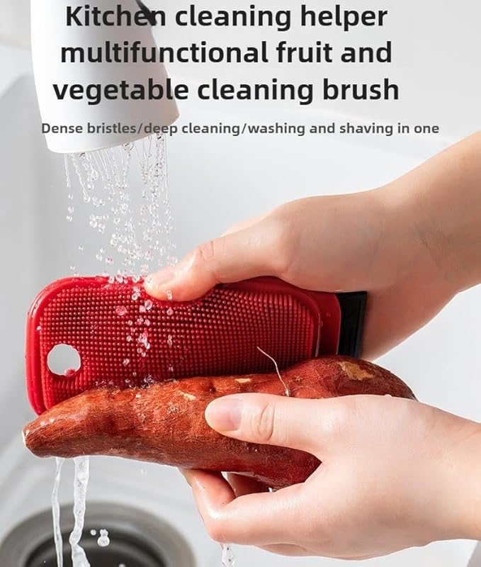 3-in-1 Silicone Dish Sponge-Food-Grade BPA-Free Cleaning Brush with Dual-Sided Comb&Scraper,Hanging Hole for Easy Storage,Fast-Dry Reusable Kitchen Gadget for Dishes/Fruits/Vegetables (Red 1PCS)