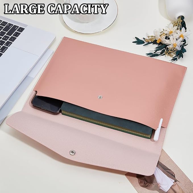 CRASPIRE PU Leather File Folder A4 Size Document Folder Travel Envelope Portfolio Case Bag File Sleeve Storage Organizer with Alloy Button Closure for Tablet Home School Office Stationery Light Salmon