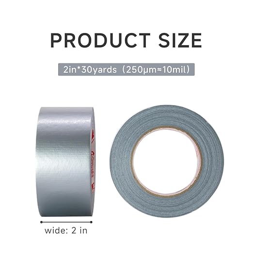 Heavy-Duty Duct Tape 2 Inch x 30 Yards (2-Pack), 10 Mil Thick, Waterproof, Strong Adhesive for Repair, No Residue, All Weather, Rubberized Fabric Tape for Indoor & Outdoor Use（Total 60YD）