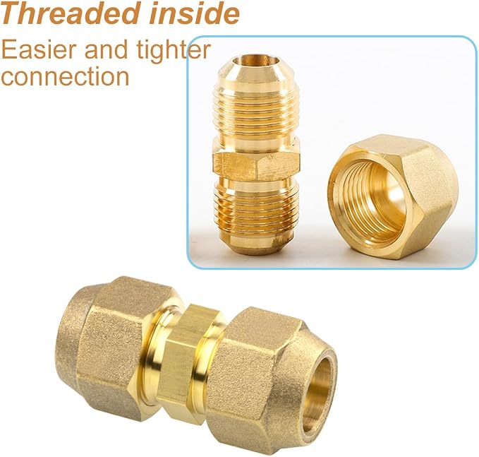 2 Pieces 3/8" Butt Copper Tube Fitting with Flare Nut for Air Conditioning Copper Pipe Extension Connectors Brass Flare Fitting Nuts