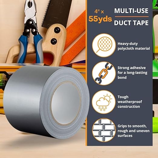 GTSE Wide Duct Tape, Silver, 4 Inches x 55 Yards (164 ft), Heavy Duty, Waterproof Repair Tape for Indoor or Outdoor Use, 48 Rolls
