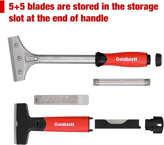 Goldblatt 2 Pieces Glass Scraper Set with 20-piece Blades - 4 Inch Industrial Floor Scraper Tool with Long-Handle, Heavy Duty Razor Holder for Cleaning Caulk, Paint, Glue on Glass, Tiles, Walls