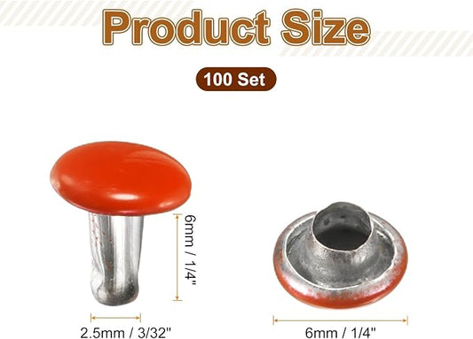 HARFINGTON 100 Sets Double Cap Leather Rivets, 6x6mm Round Cap Tubular Metal Studs Leather Crafting Rivets for Fabric Belt Pet Collar Boot Bag Repair and Decoration, Orange