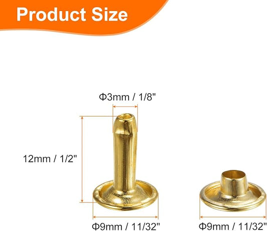 HARFINGTON 100 Sets Double Cap Leather Rivets, 9x12mm Round Cap Tubular Metal Studs Leather Crafting Rivets for Fabric Belt Pet Collar Boot Bag Repair and Decoration, Gold