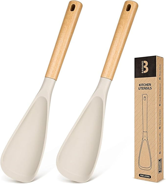 Cooking Spoon for Nonstick Cookwares, Great for Cooking and Serving Sturdy BPA-Free Matte Silicone, Wood Handle Spoon for Mixing, Scoop, and Scrape (2 Pack of Khaki, 13.4 inch)