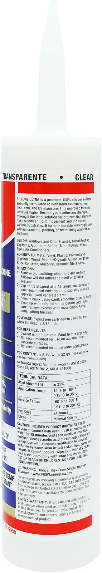 Red Devil 0787 Silicone Ultra 100% RTV Silicone Sealant, 10.1 oz., Clear, 1 Pack