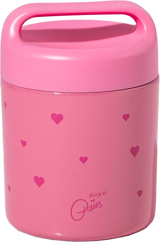 Paris Hilton Stainless Steel Food Jar, Double Wall Vacuum Sealed Insulated Food Storage Container with Carry Handle Lid, 12-Ounce, Pink with Heart Design