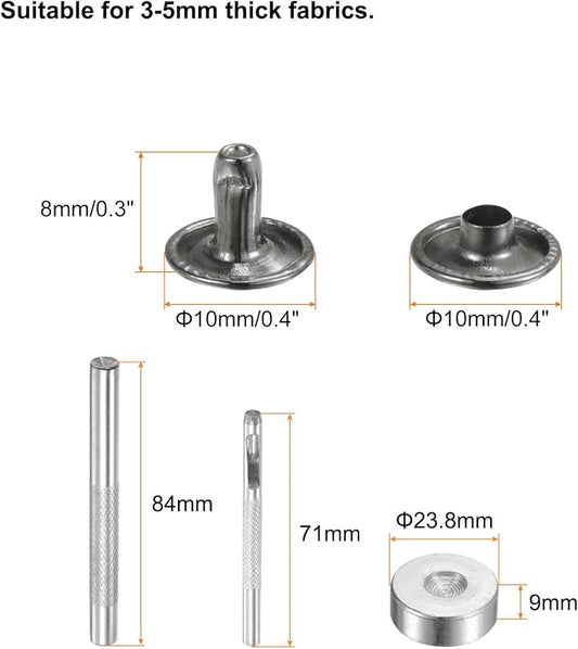 HARFINGTON 100 Sets Leather Rivets 8 x 10mm Metal Double Cap Rivet Snaps Studs Fasteners with 3pcs Setting Tools for Leather Craft DIY Repair Decoration, Gunmetal