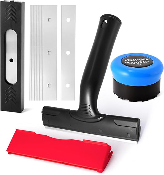 NEWISHTOOL Wallpaper Removal Tool Kit with Wall Paper Perforating Stripper Tool and 6-Inch Blade Scraper Sticker Remover, Perforator/Scorer Remover and Scraper for Separating and Removing Wallcovering