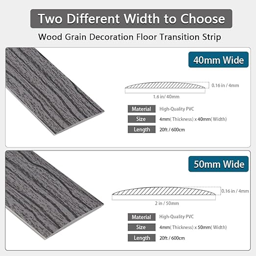 Floor Transition Strip 2" Self Adhesive Flat Vinyl Flooring Transitions Strip with Strong Backing Wood Grain 5cm, 20FT, Deep Grey