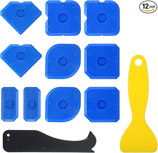 12Pcs Caulking Tool Kit, Caulk Finishing Smoothing Tool, Caulk Remover Tools, Sealant Grout Scraper for Kitchen Bathroom Floor Window Sealant Sealing Sink(Blue, Yellow, Black)