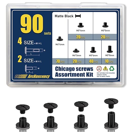 90 Sets Matte Black Chicago Screws for Leather, Leather Rivets Kit, 4 Sizes(M5x4,5,6,8mm)& 2 Screw Lengths (M4x3,4mm).,True Deep Black Chicago Screw for Belts and DIY Crafting