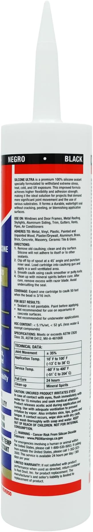 Red Devil 078060 Silicone Ultra 100% RTV Silicone Sealant, 10.1 oz., Black, 1 Pack