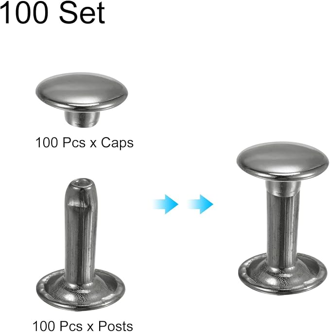 HARFINGTON 100 Sets Double Cap Leather Rivets, 9x12mm Round Cap Tubular Metal Studs Leather Crafting Rivets for Fabric Belt Pet Collar Boot Bag Repair and Decoration, Gunmetal