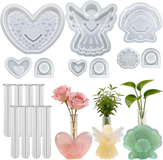 DLAND 3 Piece Silicone Vase Molds for Resin Casting, Includes Angel, Heart, Shell Epoxy Resin Molds, with 8 Test Tubes, Reusable Epoxy Molds for Flowers Display, Home Decoration & DIY Crafts