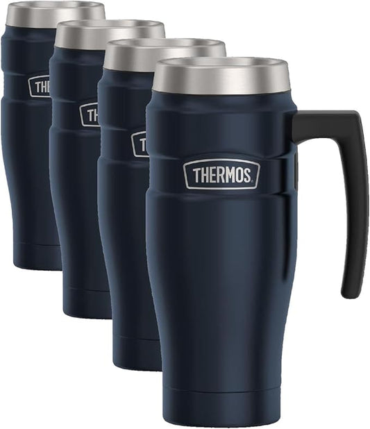 THERMOS Stainless King Vacuum-Insulated Travel Mug with Handle-16oz,Midnight Blue-Thermos Tumbler for Hot&Cold Drinks-Leak&Sweat-Proof Stainless Steel Coffee Mug with Lid for Commuting,(Pack of 4)