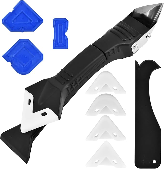 Silicone Caulking Tool, 3 in 1 Caulking Remover Glazing Compound Finishing Tool with 5 Replacement Silicone Scraper Pads, Grout Scraper Kit for Bathroom Kitchen Floor Window Sink Joint