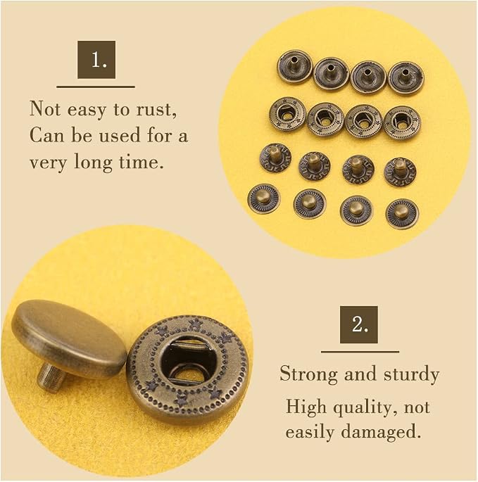 TLKKUE 50 Sets Leather Snap Fasteners Kit 10mm Bronze Metal Snap Buttons kit Stainless Steel with 4pcs Snap Fastener Installation Tools for Sewing Clothing, Bracelets, Jackets, Bags Belt, DIY Crafts