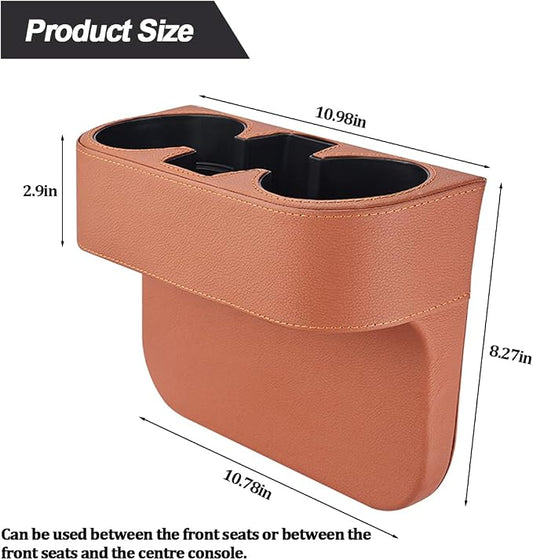 Car Gap Filler Organizer, Multifunctional Leather Console Side Crevice Blocker Storage Box with Cup Holder, Auto Seat Gap Stopper Organizer for Keys, Phones, Glasses, Universal Fit (Brown)