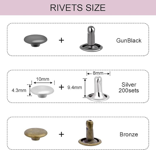 200Sets Rivets for Leather, 10mm Double Cap Leather Rivets Metal Tubular Studs for Key Fob Clothing Pets Collar Boots Bags Belt Repair and Decoration (Silver)
