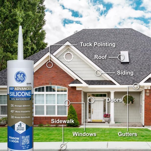 GE Advanced Silicone Caulk for Window & Door, White, 10 fl oz Cartridge, 1 Pack - 100% Waterproof Silicone Sealant, 5X Stronger Adhesion, Shrink & Crack Proof