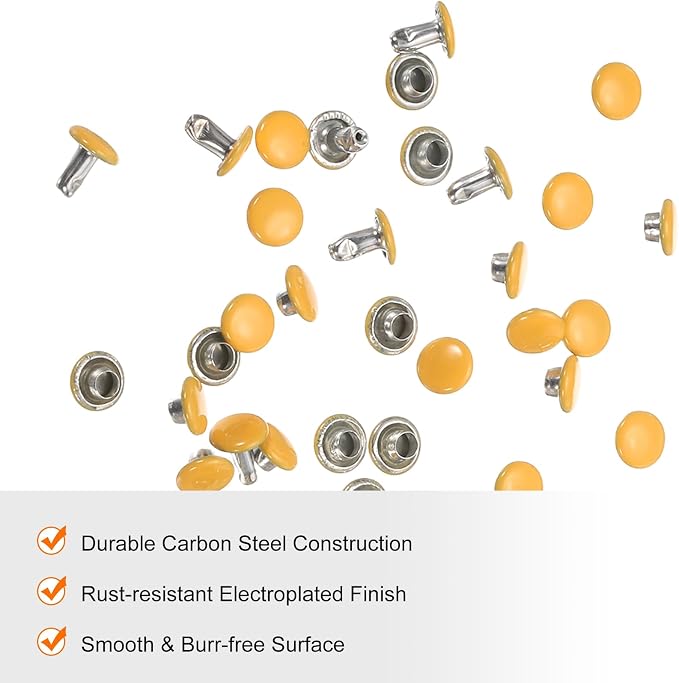 HARFINGTON 100 Sets Double Cap Leather Rivets, 6x6mm Round Cap Tubular Metal Studs Leather Crafting Rivets for Fabric Belt Pet Collar Boot Bag Repair and Decoration, Yellow