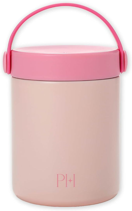 Paris Hilton Insulated Food Jar, Stainless Steel Vacuum Insulated Food Container with Folding Carry Handle, Leak-Proof Lid, 15-Ounce, Pink