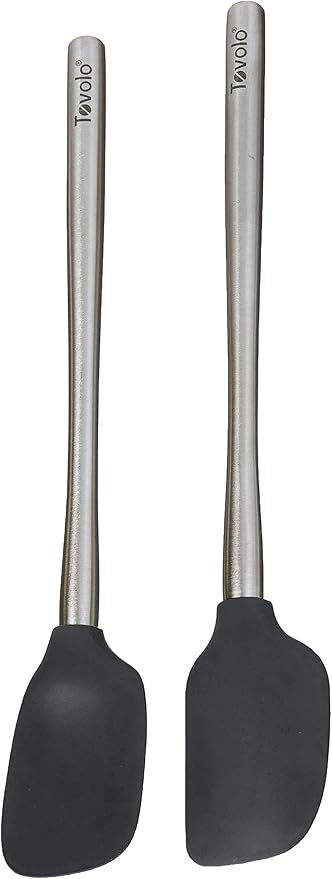 Tovolo Flex Core Silicone Spatula Spoonula Set of 2 for Non Stick Cast Iron Cooking & Baking, Dishwasher Safe Heat Resistant BPA Free Long Stainless Steel Handle Kitchen Utensil, Charcoal Gray