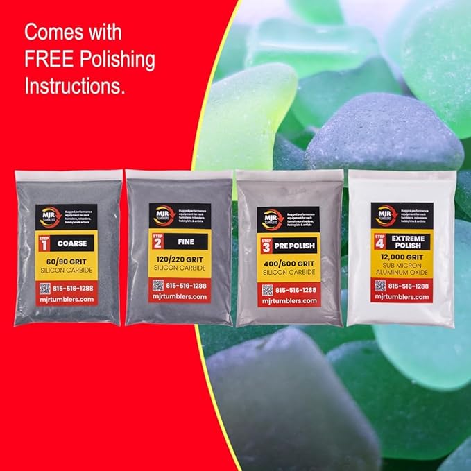 Rock Tumbler Grit Kit Refill for 25lb Tumblers, 4 Step Silicon Carbide & 12,000 Grit Aluminum Oxide Polish, Stone Polishing Kit for Rotary & Vibratory Rock Tumblers