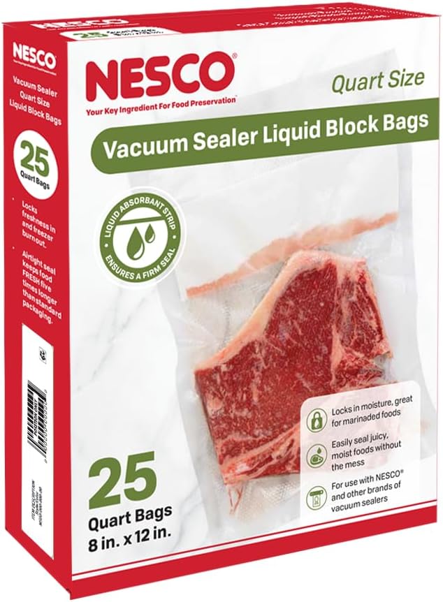 Nesco Vacuum Sealer Liquid Block Bags, Quart Sized, 25 Count