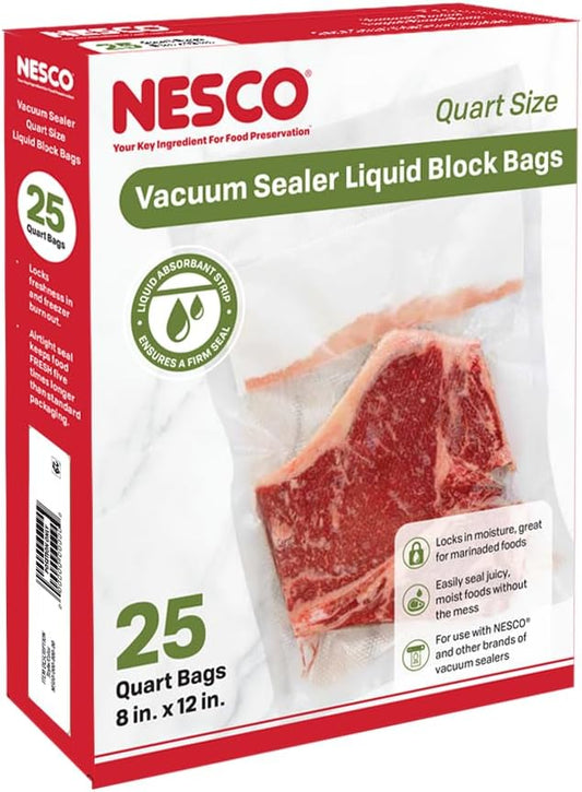 Nesco Vacuum Sealer Liquid Block Bags, Quart Sized, 25 Count