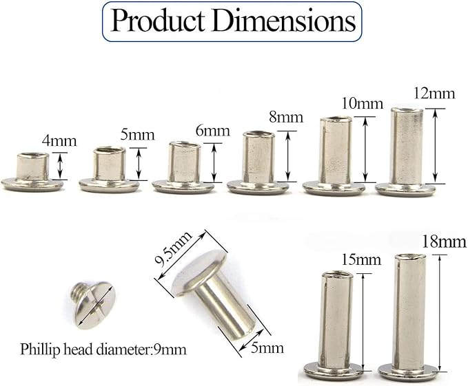 110 Sets 8 Sizes Chicago Screws Assorted Kit Round Head Stud Leather Screws Chicago Rivets for DIY Leather Decoration Bookbinding (M5*4,5,6,8,10,12,15,18)（Silver）