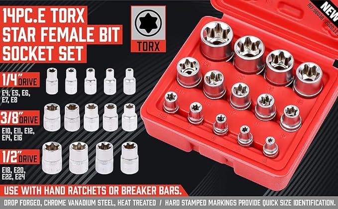 SEDY 14-Piece E-TORX Socket Set - Premium Female Torx Socket Set, Ultimate Torque Star Sockets, External Torx Sockets, E4 E5 E6 E7 E8 E10 E11 E12 E14 E16 E18 E20 E22 E24